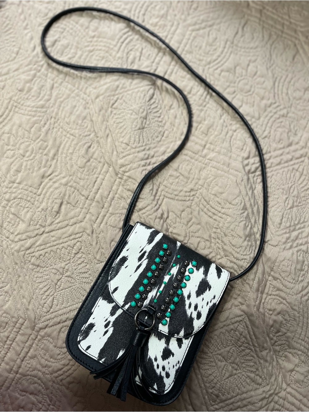 Black and White Studded Crossbody Bag with Turquoise Accents